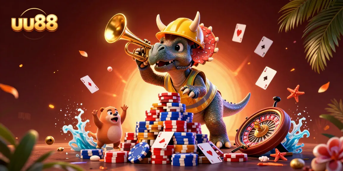 Experience thrilling poker action with the dynamic uu88 illustration featuring cheerful dinosaurs!