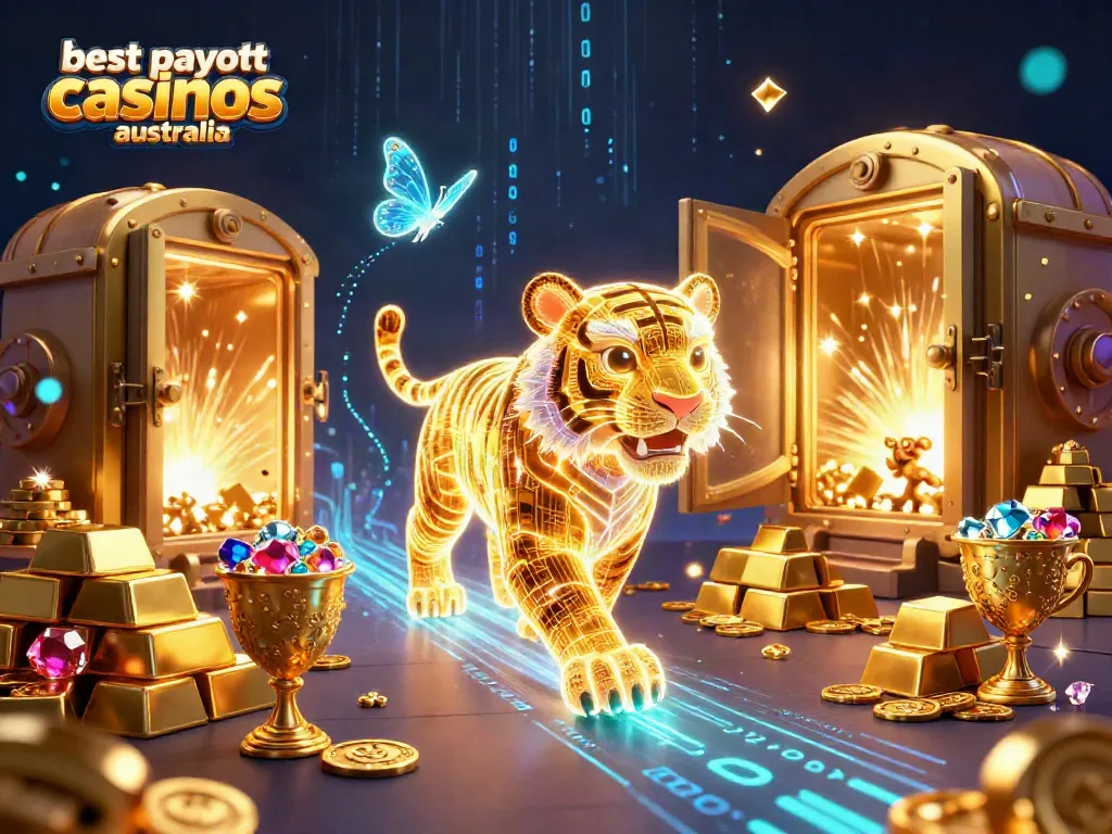 A dynamic scene showcasing the best payout casinos australia featuring a golden tiger and treasure elements in a digital casino landscape.