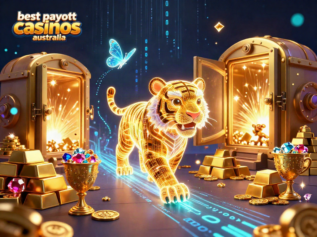 A dynamic scene showcasing the best payout casinos australia featuring a golden tiger and treasure elements in a digital casino landscape.