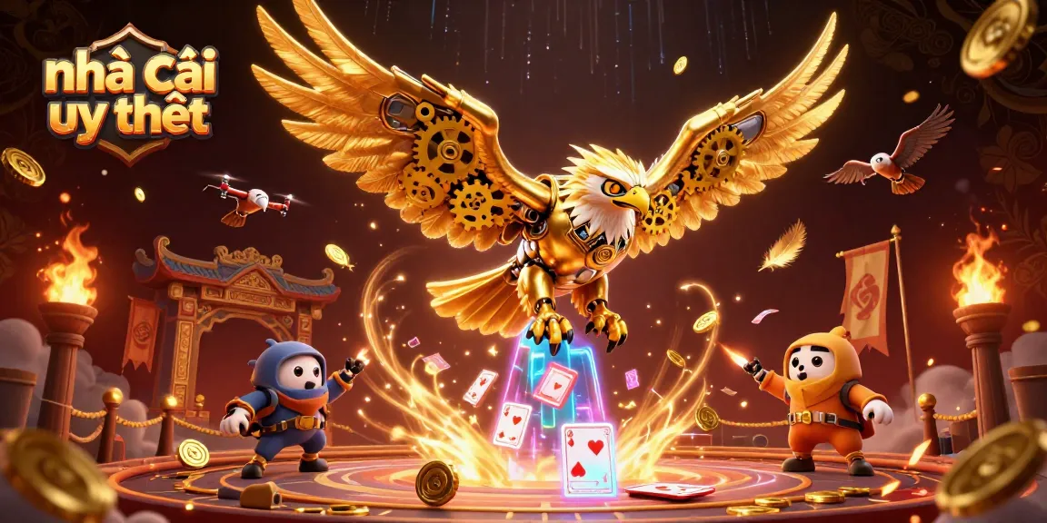 Experience the thrill with Nhà cái uy tín, showcasing a golden eagle amid holographic cards and betting tokens.