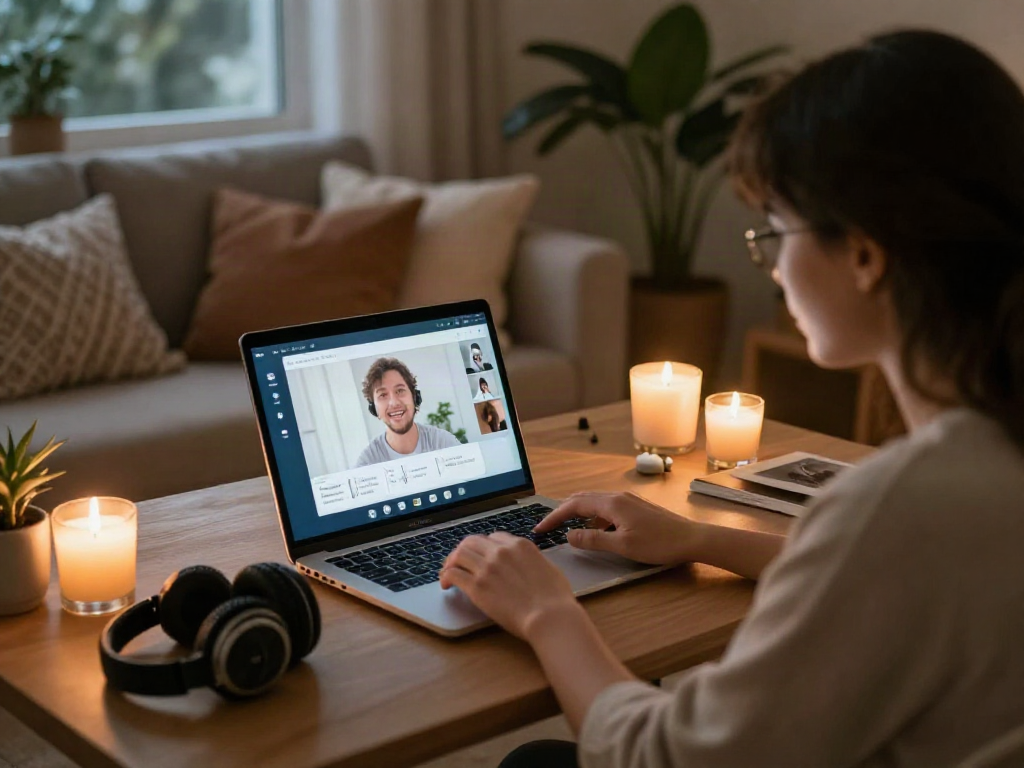 AI gf helping couples connect during virtual dates with cozy romantic study setup.