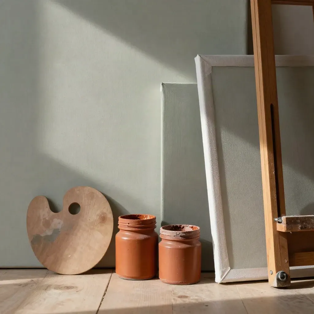 Atelier reale con tele, pigmenti terracotta e luce radente dopo un temporale estivo.