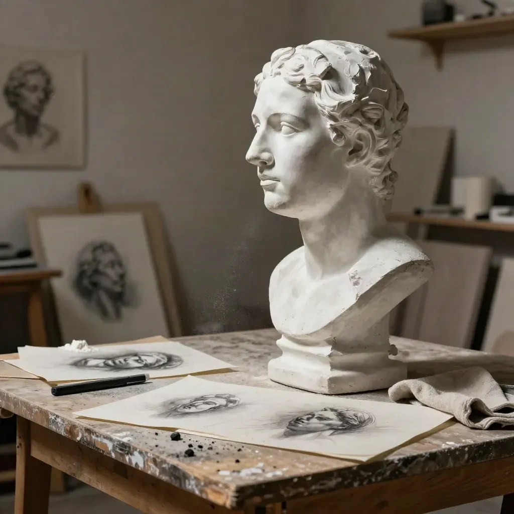 Busto in gesso con studi a matita e carboncino su tavolo chiaro, luce radente.