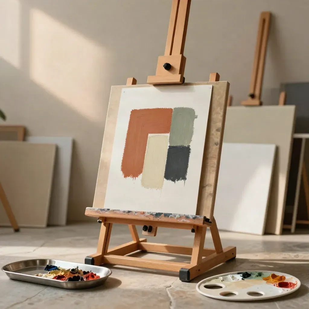 Cavalletto con studi cromatici e palette in aula luminosa, luce calda del pomeriggio.
