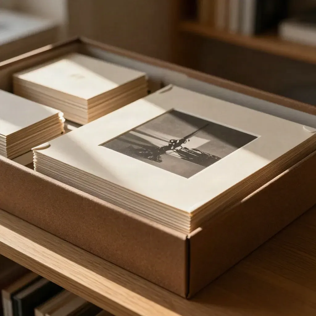Scatola archivio aperta con stampe montate e cartoncini neutri su mensola in legno chiaro.