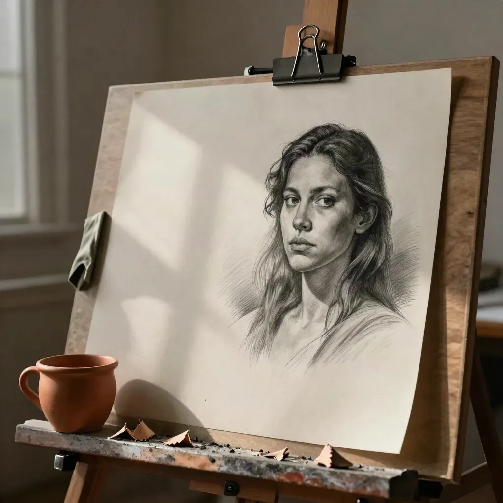 Studio d’arte con studi a matita, foglio vuoto e tavoletta in legno scuro.