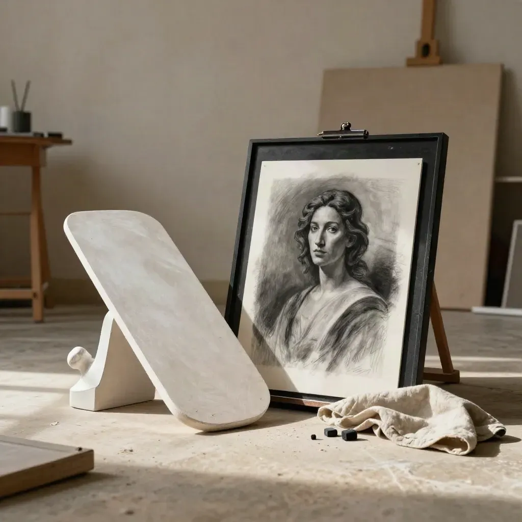 Natura morta didattica con forme tonali, pannello gessato, quadro monocromo e telaio nero in studio caldo.