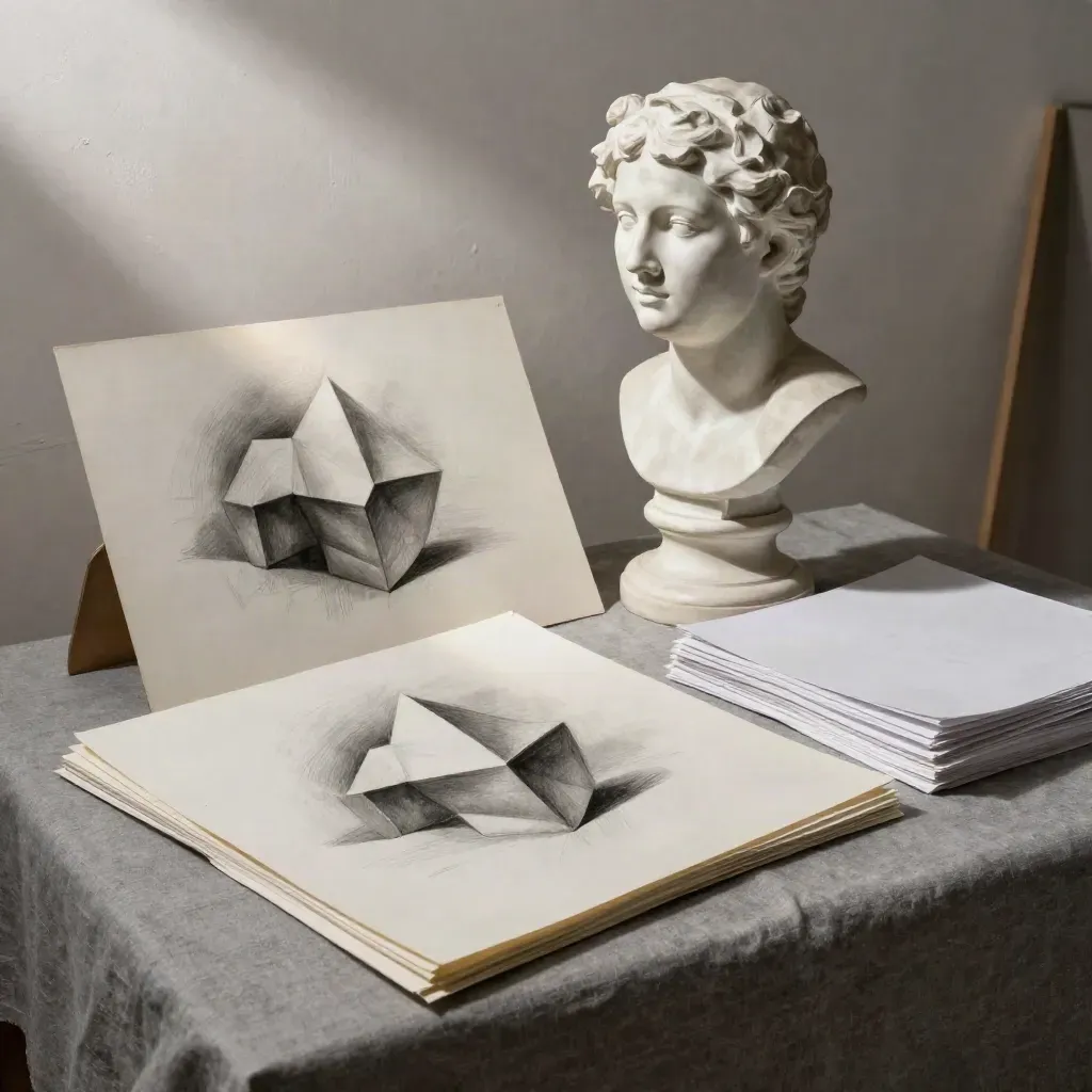 Due disegni a grafite, busto in gesso e fogli di prova ordinati su lino grigio chiaro