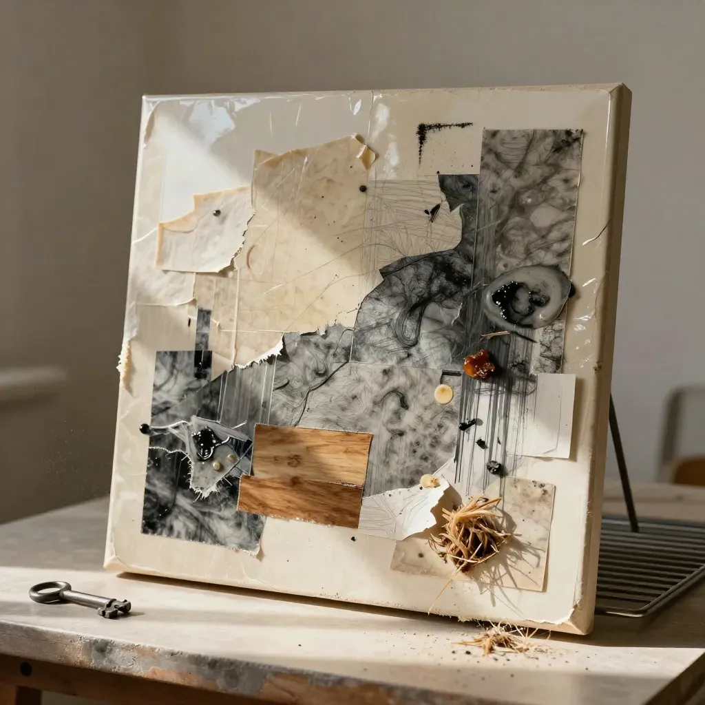 Pannello mixed-media finito su banco, con ritagli di carta e luce radente.