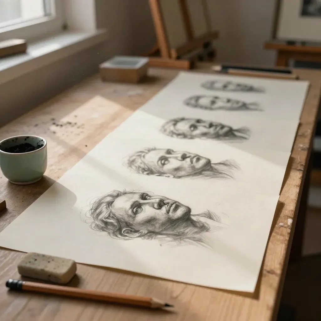 Studio d’atelier con studi progressivi su carta crema, matita affilata e gomma consumata.