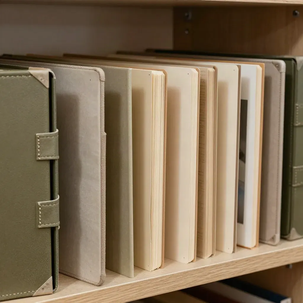 Cartelle archivio, cartoncini e angolari protettivi in macro su mensola di legno chiaro.