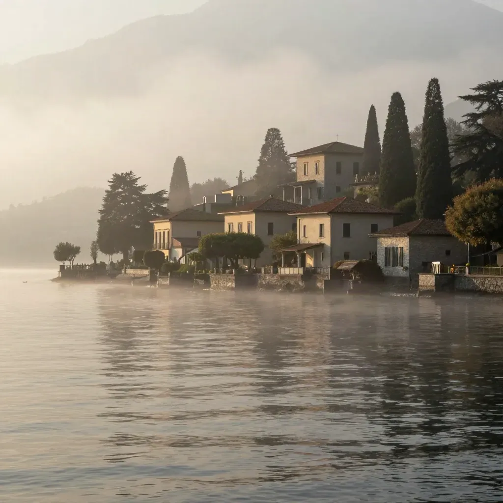 Lago di Como all’alba con ville in pietra, cipressi e bruma sopra acque calme