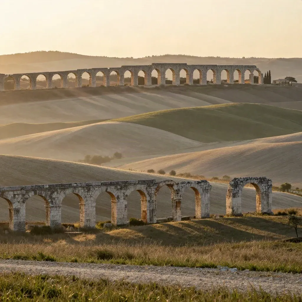 Arcate romane al tramonto dorato con colline laziali e campi morbidi