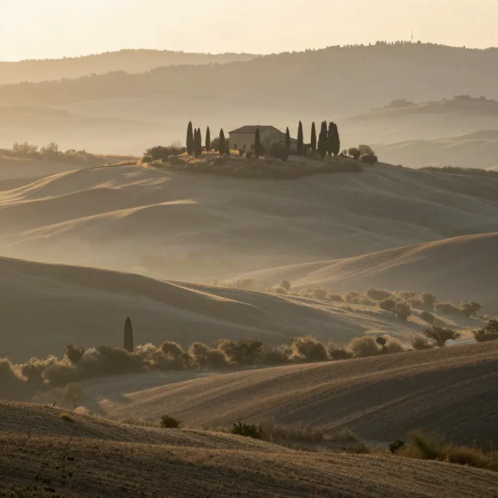 Val d’Orcia all’alba con cipressi, colline morbide e casale lontano, luce dorata e foschia.