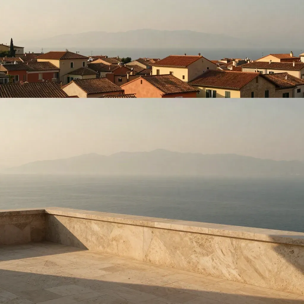 Panorama italiano con tetti in cotto, costa lontana e montagne velate nella foschia serale.