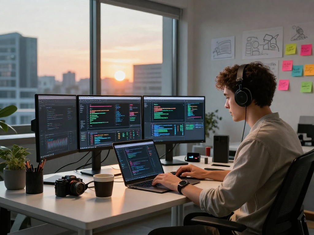Software engineer developing Juicy ai applications in a modern tech workspace filled with gadgets and vibrant city views.