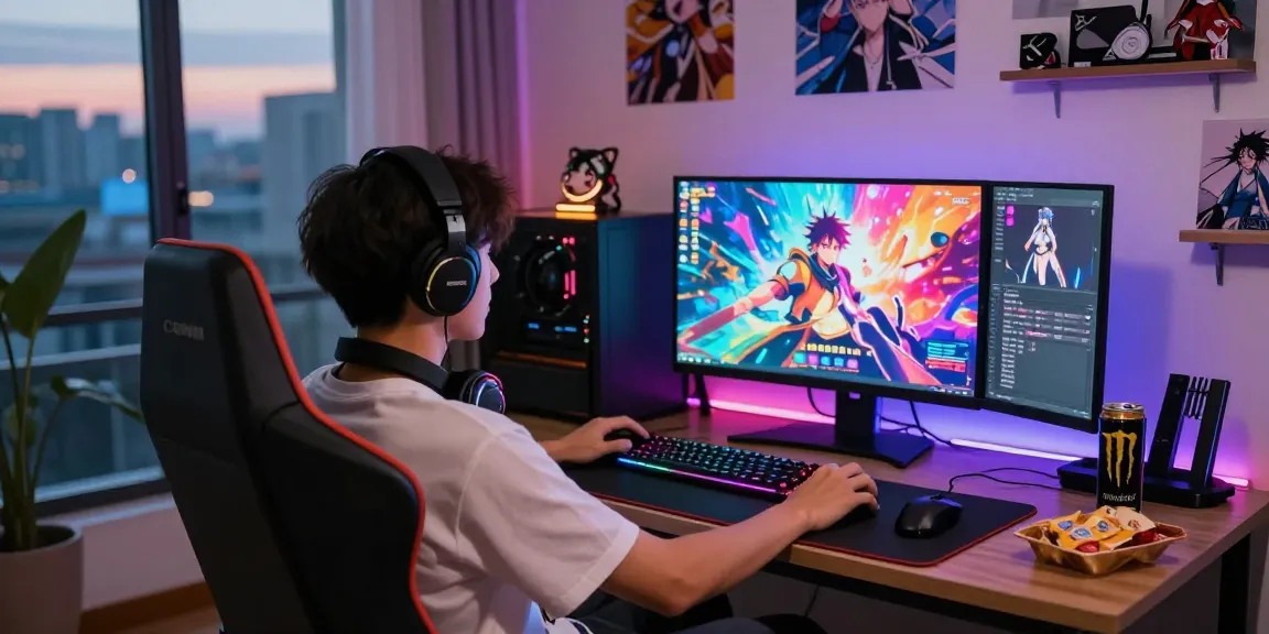 Engaged gamer enjoying a hentai game on a high-res monitor in a cozy, vibrant room.