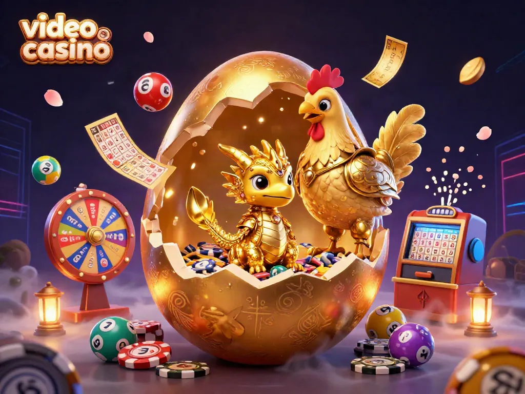 Experience the excitement of a video poker casino with a golden dragon and mother hen guarding poker chips.