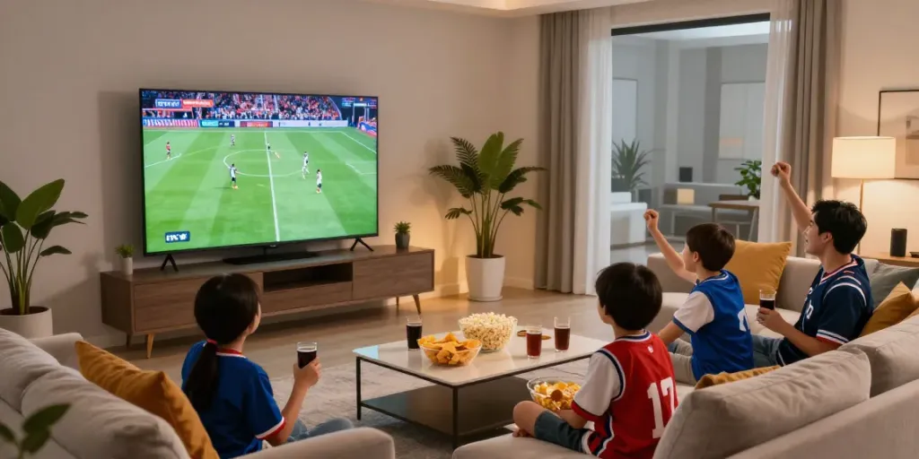 Family enjoying abbonamento IPTV sports event in a modern living room.